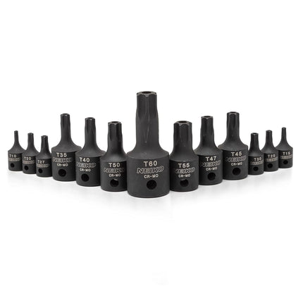 Neiko 10282B Security Torx Impact Socket Kit, 13 Piece | 1/4" - 1/2" Square Drive | T10H - T60H | Cr-Mo Steel
