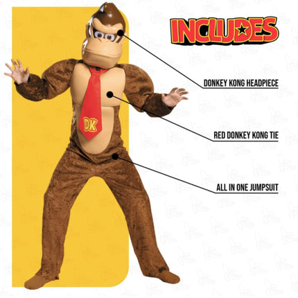 Super Mario Bros. Donkey Kong Fancy Dress for Kids, Official Nintendo by Disguise, Includes Jumpsuit with Padded Torso, Iconic Red DK Tie and Donkey Kong Mask, For 7-8 Years