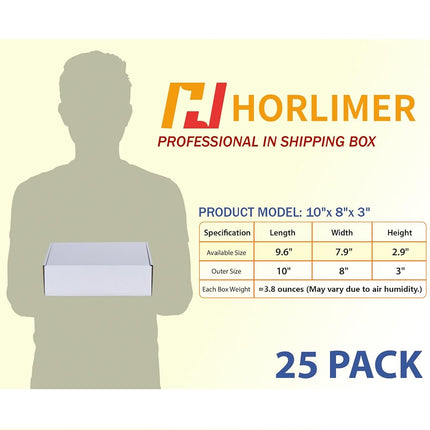 HORLIMER 10x8x3 inches Shipping Boxes Set of 25, White Corrugated Cardboard Box Literature Mailer, 25 Stickers Included