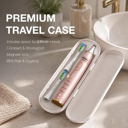 Wagner Stern IntelliBrush Series Whitening Electric Toothbrush with Pressure Sensor. Offers 4 Brushing Modes, 3 intensities, 8 Soft Brush Heads, and a Luxury Travel case.