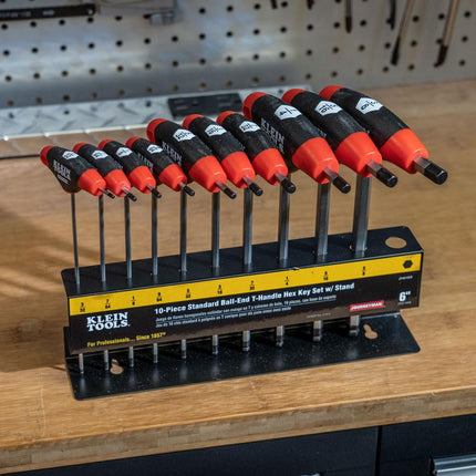 KLEIN TOOLS JTH610EB Ball End T-Handle Hex Key Set, SAE Inch Sizes Allen Wrench Set with 6-Inch Blades, Stand Included, 10-Piece