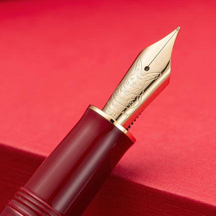Hongdian N23 Red Rabbit Fountain Pen, Iridium Extra Fine Nib Gold Trim, New Year Lucky Rabbit Carving Design, Smooth Writing Pen with Converter and Metal Pen Box Set