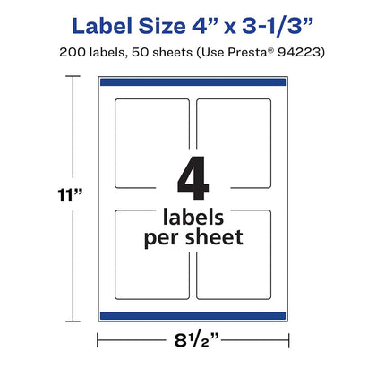 Étiquettes rectangulaires Avery durables et imperméables avec SureFeed, 10,2 cm x 8,5 cm, 200 étiquettes imperméables résistantes à l'huile et aux déchirures, impression bord à bord, étiquettes imprimables au laser/jet d'encre pigmenté