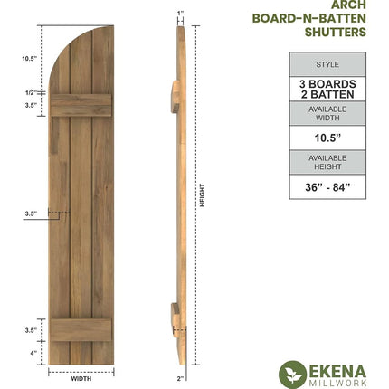 Ekena Millwork ARW101BQ311X48PRH Americraft Three 2 Exterior Real Wood Joined Board-n-Batten Shutters w/Arch Top (Per Pair), 10 1/2"W x 48"H, Primed