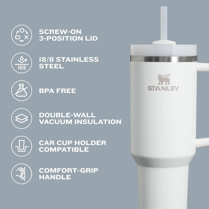 Vaso térmico STANLEY Quencher H2.0 con asa y pajita, tapa Flowstate de 3 posiciones, compatible con portavasos de coche, acero inoxidable aislado, sin BPA, 0,4 litros, color Mandarina