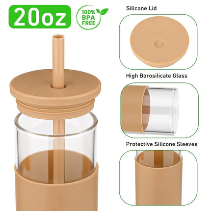 Tronco 20 oz Glass Tumbler with Lids and Straws, Reusable Iced Coffee Cups with Silicone Lid & Protective Sleeve, Dishwasher Safe, BPA-Free Borosilicate Glass for Coffee, Iced Tea, Water & Smoothies