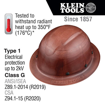 Klein Tools 60452 Hard Hat, Full Brim, Class G KONSTRUCT Series Hard Hat, Sweat-Wicking Sweatband, Top Pad, Brown