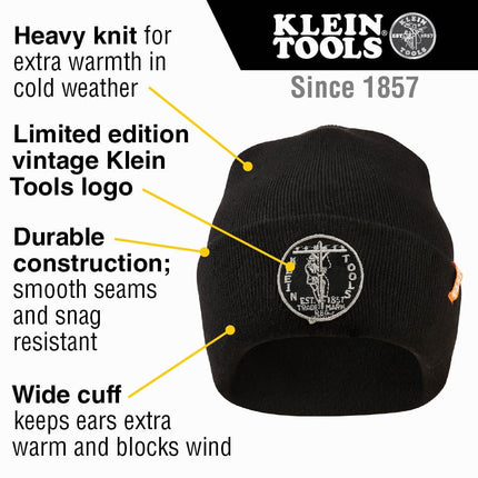 Klein Tools 60388 Heavy Knit Hat with Wide Cuff, Black, One Size Fits Most, Vintage Patch Logo