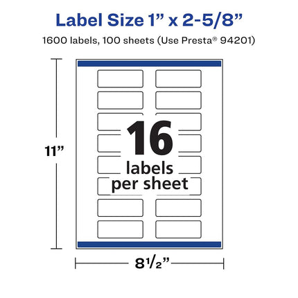 Avery Matte White Rectangle Labels with Sure Feed, 1" x 2-5/8", 1,600 Matte White Printable Labels