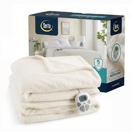 Manta Térmica Serta, Manta Eléctrica Tamaño Queen, Suave, Cálida, Peluda, Para Oficina, Sofá, Temporizador de Apagado Automático de 1 a 12 horas, 10 Niveles de Calentamiento, Certificación ETL, Queen 84" x 90" Marfil