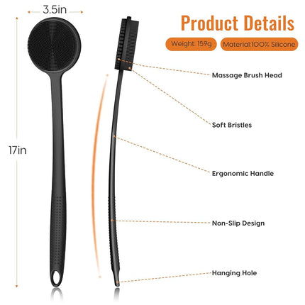 VWMYQ Silicone Back Scrubber for Shower, 17in Lengthen Long Handle Body Brush, Double Sided Shower Brush for Shower Exfoliating and Massage Can Produce Rich Foam, Long Handle Back Scrubber for Men