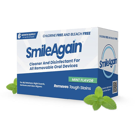 Limpiador de retenedores Smile Again - 180 limpiezas (0.17 por limpieza) Paquete de 22/suministro para 6 meses - para alineadores transparentes, dentaduras postizas, retenedores, protectores bucales y protectores nocturnos - Cristales de limpieza, menta