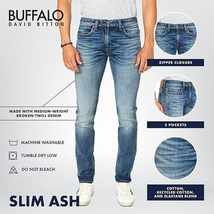Buffalo David Bitton Men's Slim Ash Jeans, Authentic and Sanded Indigo, 27W x 30L