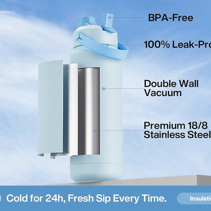 POWCAN 946 ml Insulated Water Bottle, 2-in-1 Straw & Spout Lid, Leakproof, BPA-Free, Double Wall Stainless Steel, Keeps Cold 24H, for Sports, Gym & Travel (Sea Breeze)