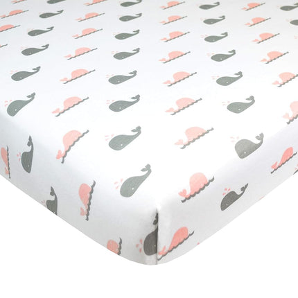 American Baby Company Sábana ajustable de punto de jersey de algodón 100% natural, con estampado de ballena rosa/zigzag, suave y transpirable, para niñas, paquete de 2 unidades