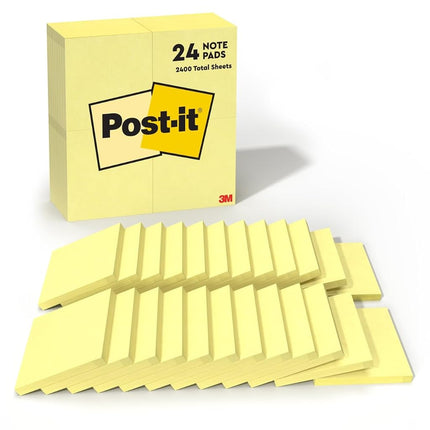 Post-it Notes, 3 in x 3 in, 24 Sticky Notes Pads, 100 Sheets per Pad, The Iconic Canary Yellow Note, School Supplies and Oﬃce Products