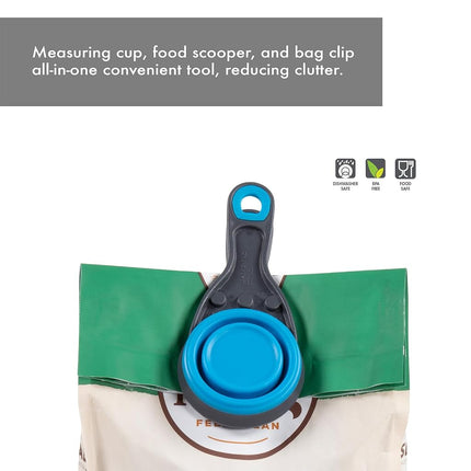 Dexas Pets Collapsible KlipScoop Collapsible Dry Dog Food Scoop and Dog Food Bag Clip, 1/2 Cup Capacity, Pro Blue
