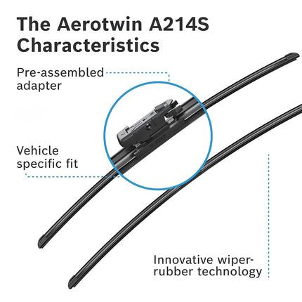 Bosch Aerotwin A 214 S - Front Windscreen Wipers - Set of 2 Replacement Blades - Comes with Pre-assembled Adapter - 2 Blades, 750mm/750mm