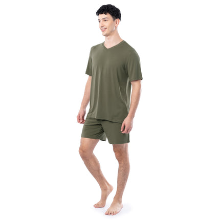 Fruit of the Loom Men's 360 Stretch Sleeve V-Neck Top and Short Sleep Pajama Set, Dusty Olive, XXL