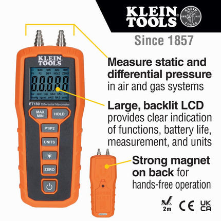 Digital Manometer, Air and Gas Pressure Tester, Differential Dual Port Pressure Gauge, Large LCD Display with Backlight Klein Tools ET180