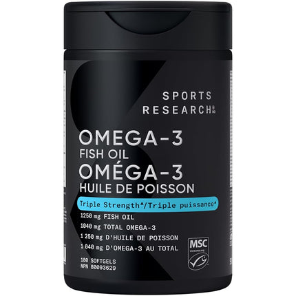 Sports Research Omega-3 Aceite de Pescado Triple Concentración Forma Triglicérido 1250 mg 180 Cápsulas Blandas