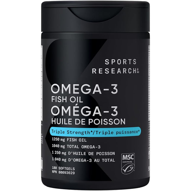 Sports Research Omega-3 Fish Oil Triple Strength Triglyceride Form 1250 mg 180 Softgels