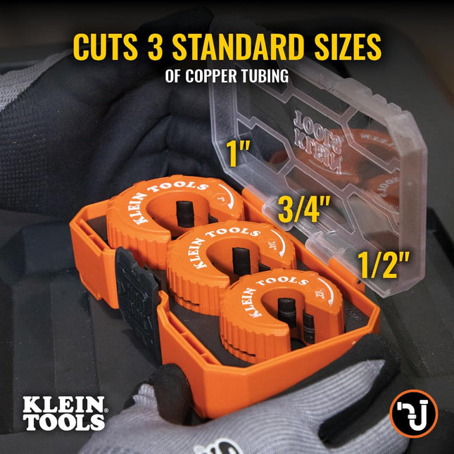 Klein Tools 50048 C-Style Copper Tubing Cutter Set with 1/2, 3/4, and 1-Inch Cutters, MODbox Case, Ultra-Compact for Tight Spaces, 3-Piece