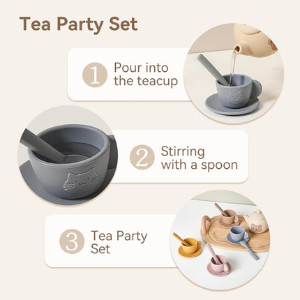Tea Party Set for Little Girls 1-3 Kids Tea Set with Silicone Teapot Cups Coasters Carrying Scoop Wooden Tray, Kitchen Accessories Pretend Play for Girls Boys Age 3 4 5 (15 Pcs)
