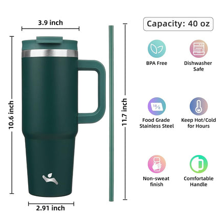 Konokyo Gobelet de 40 oz avec poignée et 2 pailles, bouteille d'eau isolée avec couvercle 2 en 1, tasse de voyage en acier inoxydable, vert foncé