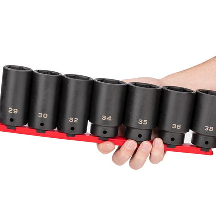 TEKTON 1/2 Inch Drive Deep 6-Point Axle Nut Impact Socket Set with Rail, 7-Piece (29-38 mm) | SID92101