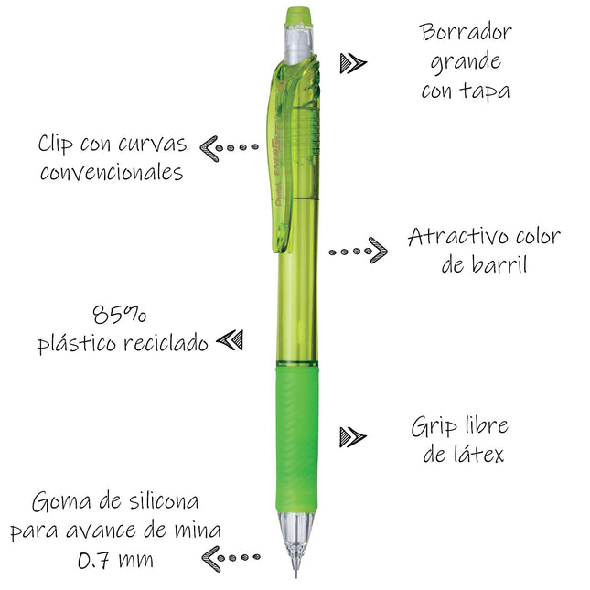 Pentel Energize-X Mechanical Pencil (0.5mm) Light Green Barrel, Box of 12 (PL105K)