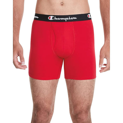 Champion Men's Boxer Briefs, Every Day Comfort Stretch Cotton Moisture-Wicking Underwear, Multi-Pack, Blue White Script Logo/Black/Red-3 Pack, M (Pack of 3)