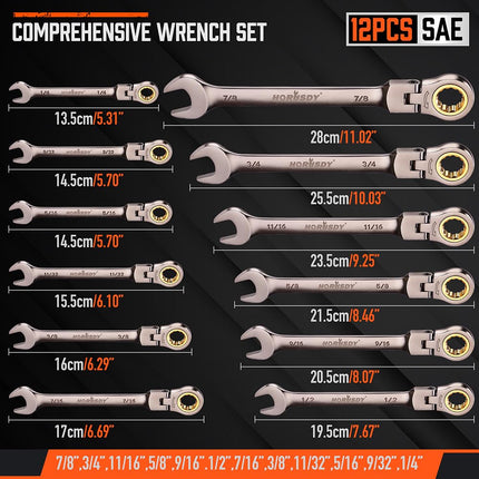 HORUSDY 12-Piece SAE Flex-Head Ratcheting Spanner Set, Nickel Plating Ratchet Wrench with Organizer | 1/4” to 7/8“ Ratchet Combination Wrenches Set | 72-Teeth | Chrome Vanadium Steel