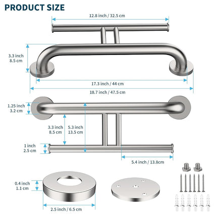 Grab Bar w/Double Toilet Paper Roll Holder Brushed Nickel, iHansee Stainless Steel Shower Support Balanced Support Handle, Wall Mounted Safety Handrail Grab Rail for Elderly Senior Handicap Disabled