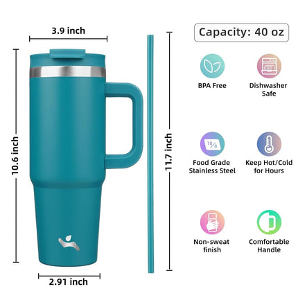 Vaso Konokyo de 40 oz con asa y 2 popotes, botella de agua aislada de acero inoxidable con tapa 2 en 1, taza de café de viaje, azul