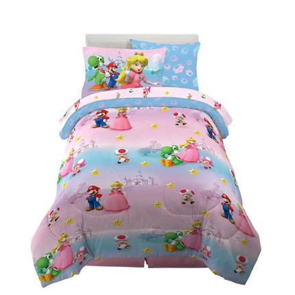 Franco Comforter and Sheet Set with Sham, Microfiber, Super Mario Girl, 5 Piece Twin Size