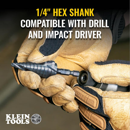 Klein Tools QRST3PC 3-Piece Impact Step Drill Bit Set with Cutting Oil and Modular Case, 1/2 to 7/8-Inch, Quick Release Hex Shank