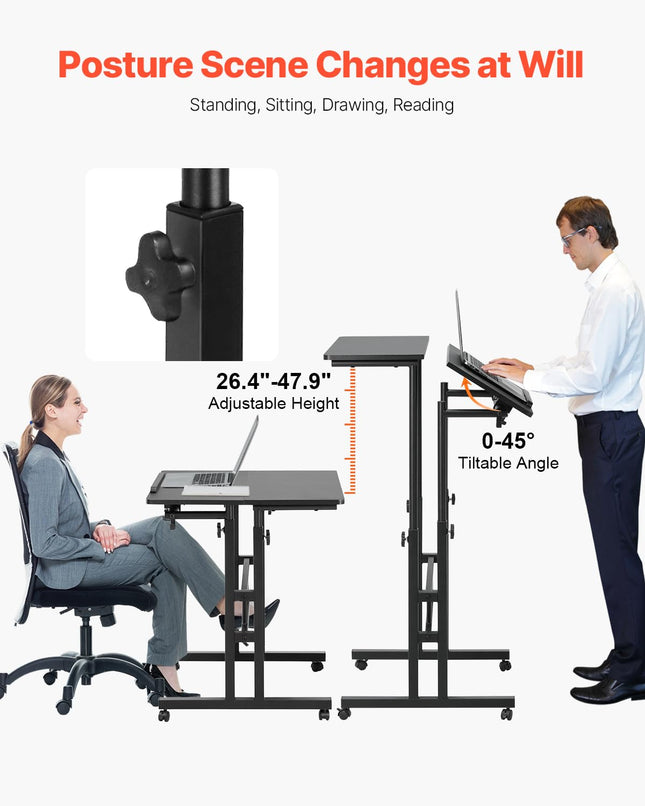 VEVOR Mobile Standing Desk, Adjustable Manual Spring Sit-Stand Desk, Height Range 26.4-44.9 in, 360� Swivel Lockable Wheels Rolling Laptop Table, 0-45� Tilt Desktop, 2 Hooks, 40 lbs Load Capacity