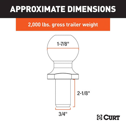 CURT 40080 Stainless Steel Trailer Hitch Ball, 2,000 lbs, 1-7/8-Inch Diameter, 3/4 x 2-1/8-Inch Shank
