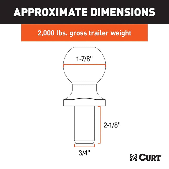 CURT 40080 Stainless Steel Trailer Hitch Ball, 2,000 lbs, 1-7/8-Inch Diameter, 3/4 x 2-1/8-Inch Shank
