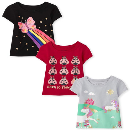 T-shirts graphiques à manches courtes The Children's Place pour bébés filles et jeunes filles, lot de 3, motif papillons/coccinelles/licornes, 18-24 mois