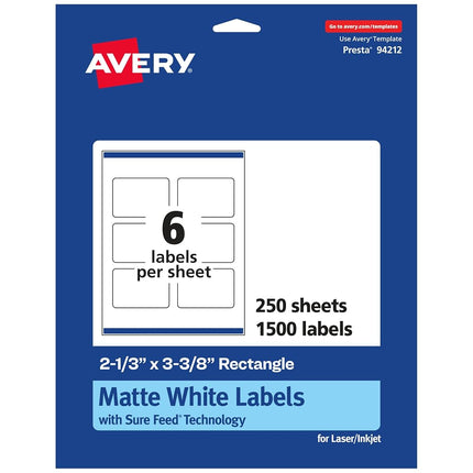 Avery Matte White Rectangle Labels with Sure Feed, 2-1/3" x 3-3/8", 1,500 Matte White Printable Labels
