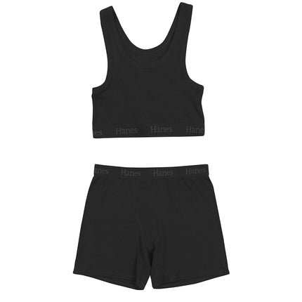 Hanes Women's Originals 2-Piece Lounge, Comfywear Supersoft Crop Top & Boxer Shorts Loungewear Set Pajama, Black/Black, S (Pack of 2)
