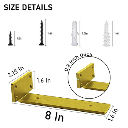 Premium Heavy Duty Shelf Brackets – 0.2In Thick Gold L Shape Shelf Bracket, Hidden Steel Brackets for Shelves - 8 Inch Heavy Duty Floating Shelf Hardware (6Pcs)