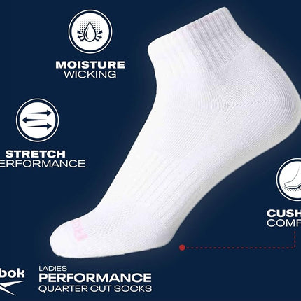 Reebok Women's Comfort Cushioned Athletic Quarter Cut Socks (6 Pack), White Marl, 3.5-9 UK