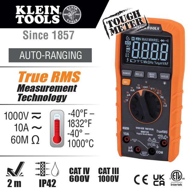 Digital Multimeter, TRMS Auto-Ranging, 1000V, Temp, Low Imp