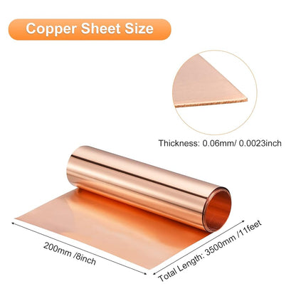 uxcell Copper Sheet Roll 3500mm x 200mm x 0.06mm, 99.9% Pure Copper Strip 8" x 11.5ft 23 Gauge Copper Flashing Metal Foil Plate for Electricity DIY Projects (Multiple Sizes)