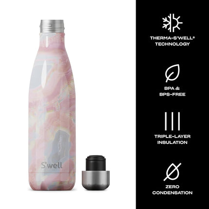 S'well Stainless Steel Insulated Water Bottle - Geode Rose Triple-Layered Vacuum - Double Wall, Keep Drinks Cold for 36 Hours and Hot for 18 - Great for travel, hiking, camping, 17 fl oz