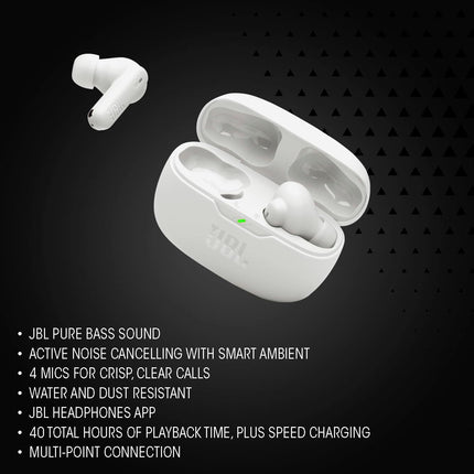 JBL Vibe Beam 2 - Auriculares inalámbricos con cancelación de ruido y Pure Bass, tecnología Smart Ambient, 4 micrófonos para llamadas nítidas, hasta 40 horas de reproducción, resistencia al polvo y al agua IP54 (negro)