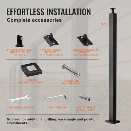 VEVOR Postes de protección Cable 106,6 x 5 x 5 cm Acero Inoxidable Columna de Barandilla Varilla Pasamanos con Soporte de Montaje para Jardín, Terraza, Exterior, Interior, Negro